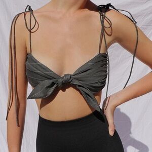 Orseund Iris Cha Cha Charcoal Pinstripe Wool Top Tie Front Bralette Medium